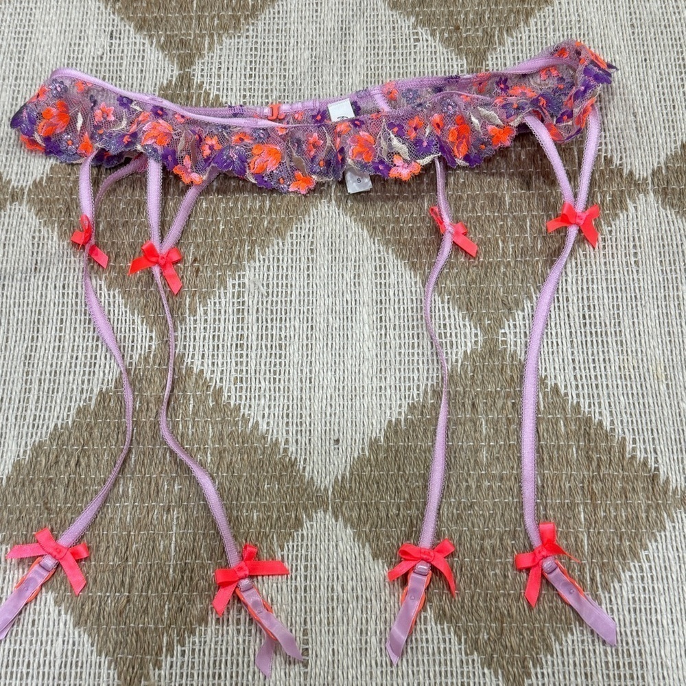 For Love & Lemons x Victoria's Secret Floral Bloom Lace Garter Belt neon bows